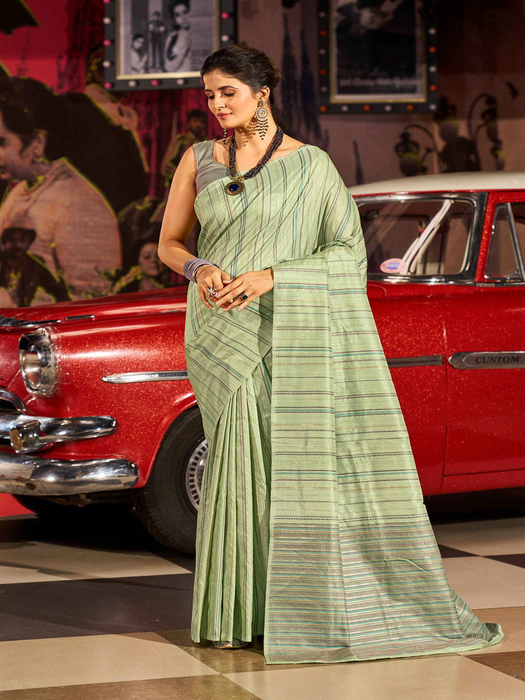 Swornof Cotton Silk Patola Saree with blouse piece - Pista