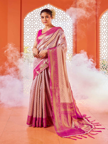 Swornof Womens Silk Saree With Blouse Piece - Pink