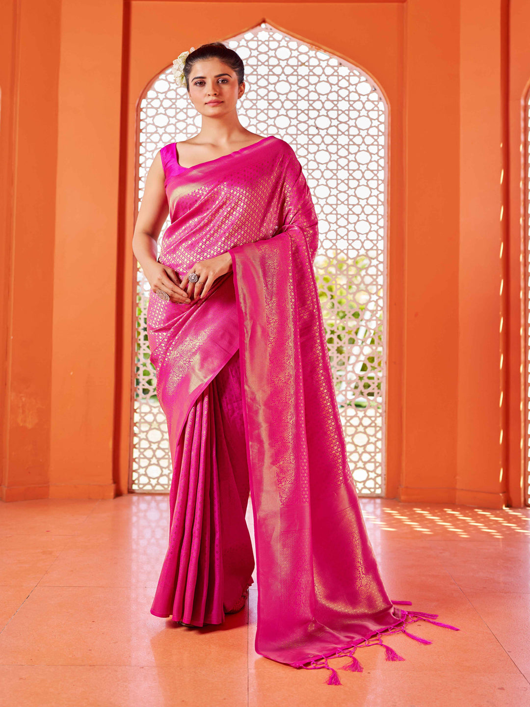 Swornof Womens Silk Saree With Blouse Piece - Pink