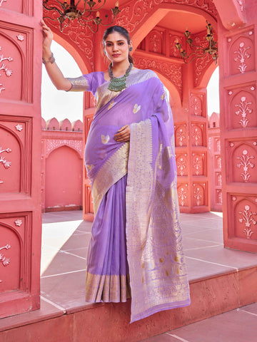 Swornof Womens linen Saree With Blouse Piece - Purple