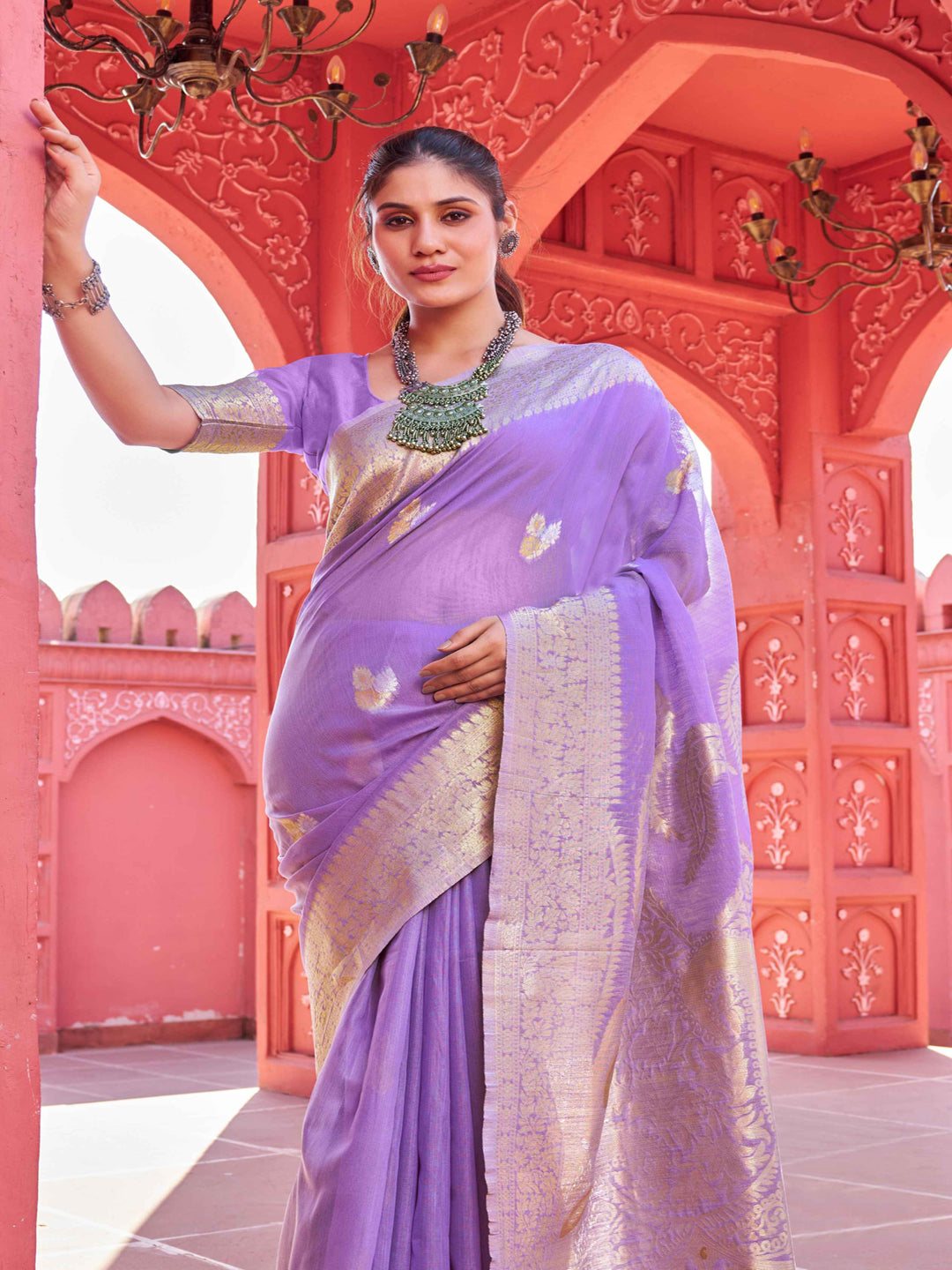 Swornof Womens linen Saree With Blouse Piece - Purple