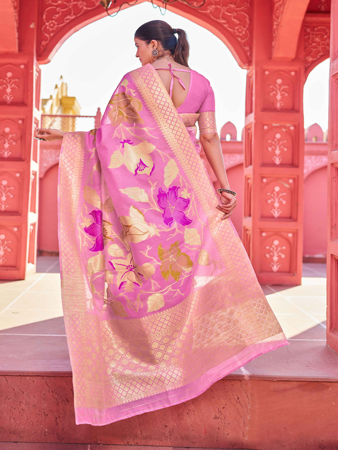 Swornof Womens linen Saree With Blouse Piece - Pink