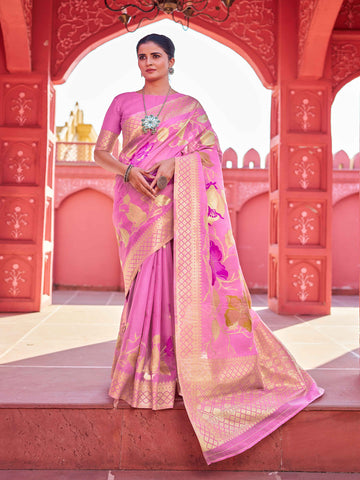 Swornof Womens linen Saree With Blouse Piece - Pink