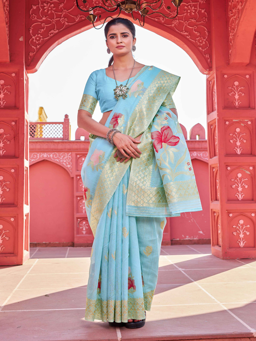 Swornof Womens linen Saree With Blouse Piece - Sky Blue