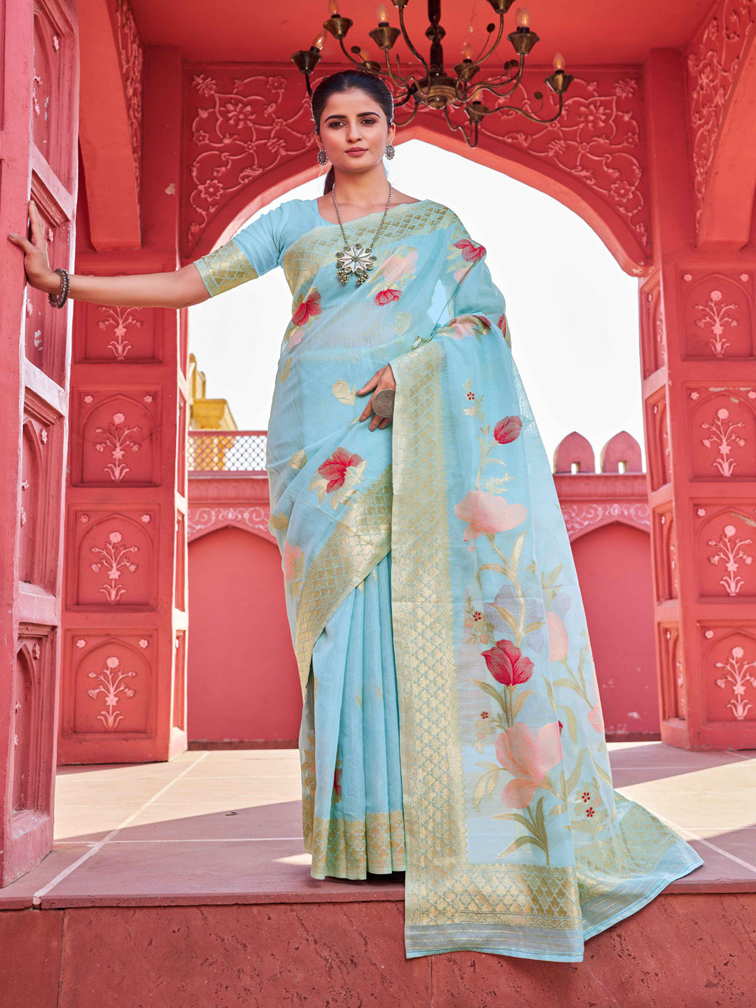 Swornof Womens linen Saree With Blouse Piece - Sky Blue