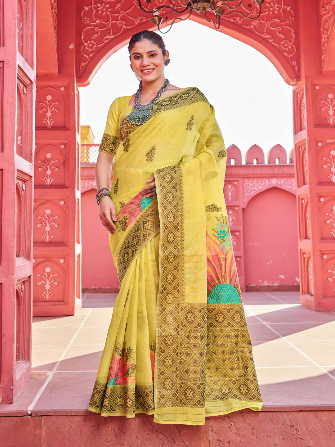 Swornof Womens linen Saree With Blouse Piece - Yellow