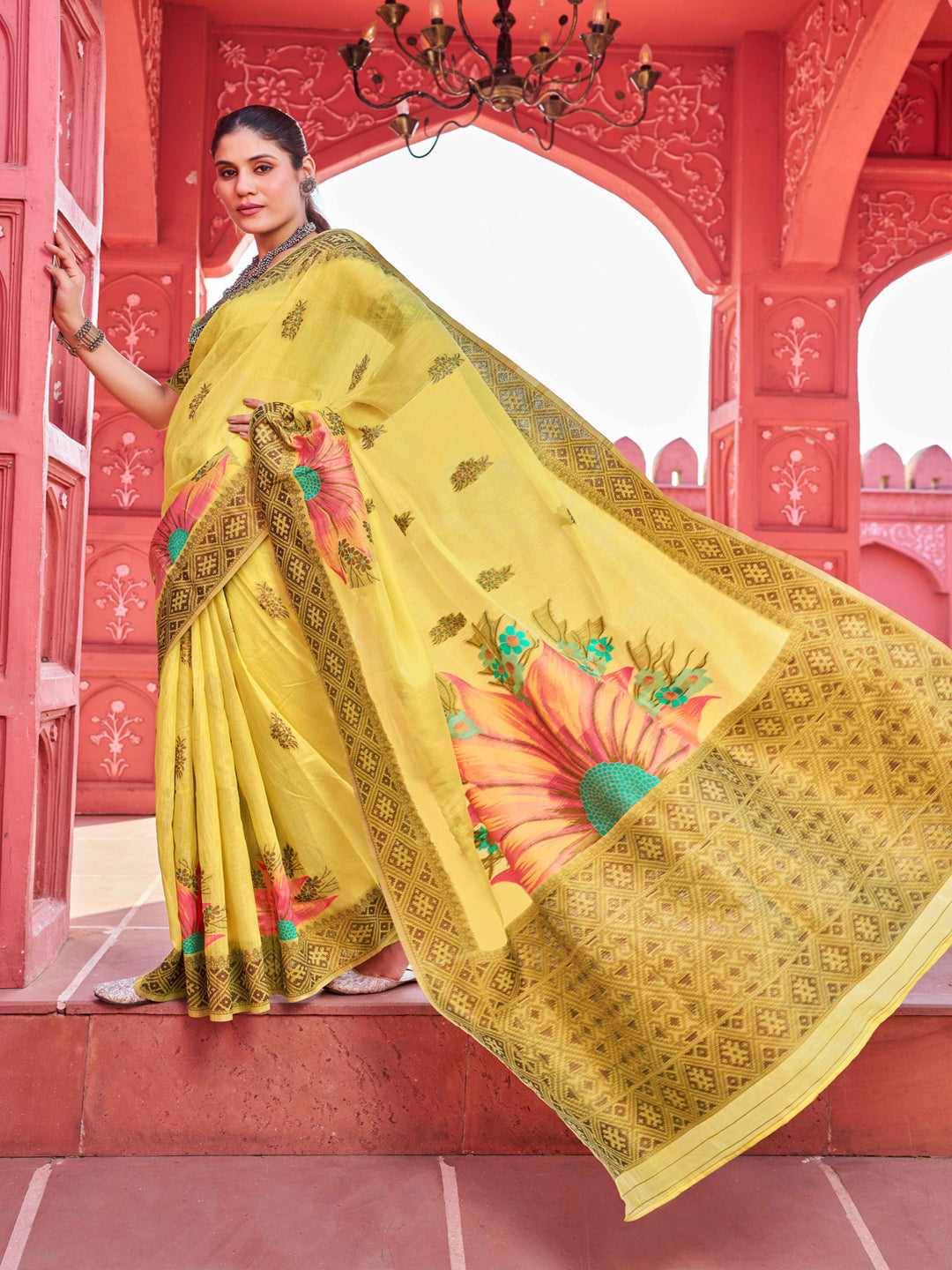 Swornof Womens linen Saree With Blouse Piece - Yellow