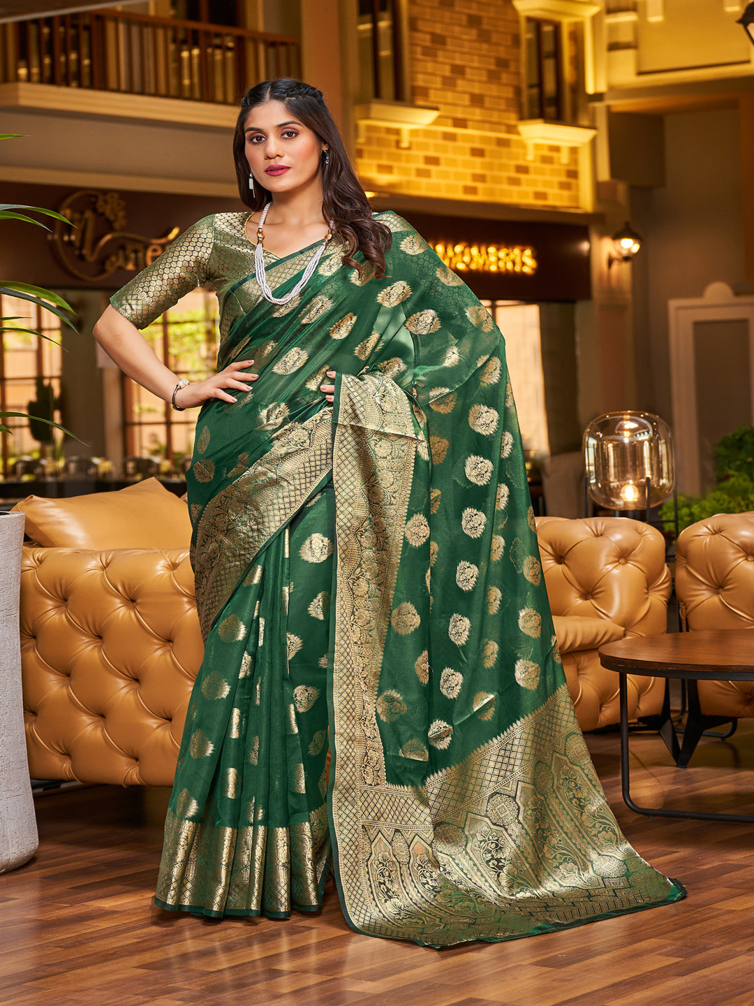 Swornof Womens Patola Organza Saree with blouse piece - Bottel Green