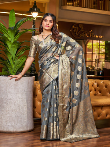 Swornof Womens Patola Organza Saree with blouse piece - Grey