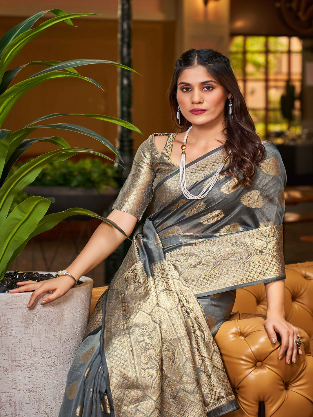 Swornof Womens Patola Organza Saree with blouse piece - Grey