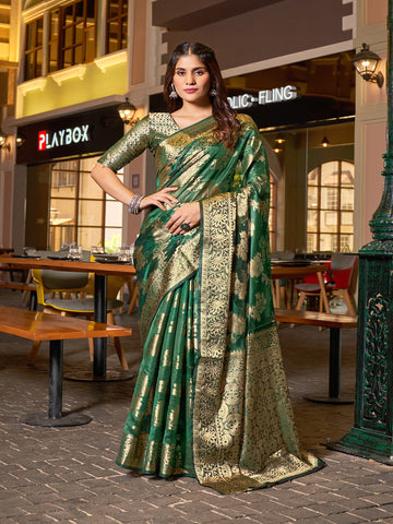 Swornof Womens Patola Organza Saree with blouse piece - Green