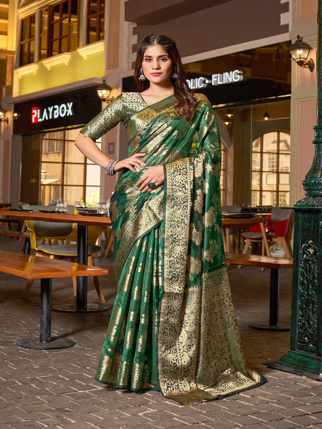 Swornof Womens Patola Organza Saree with blouse piece - Mahendi Green