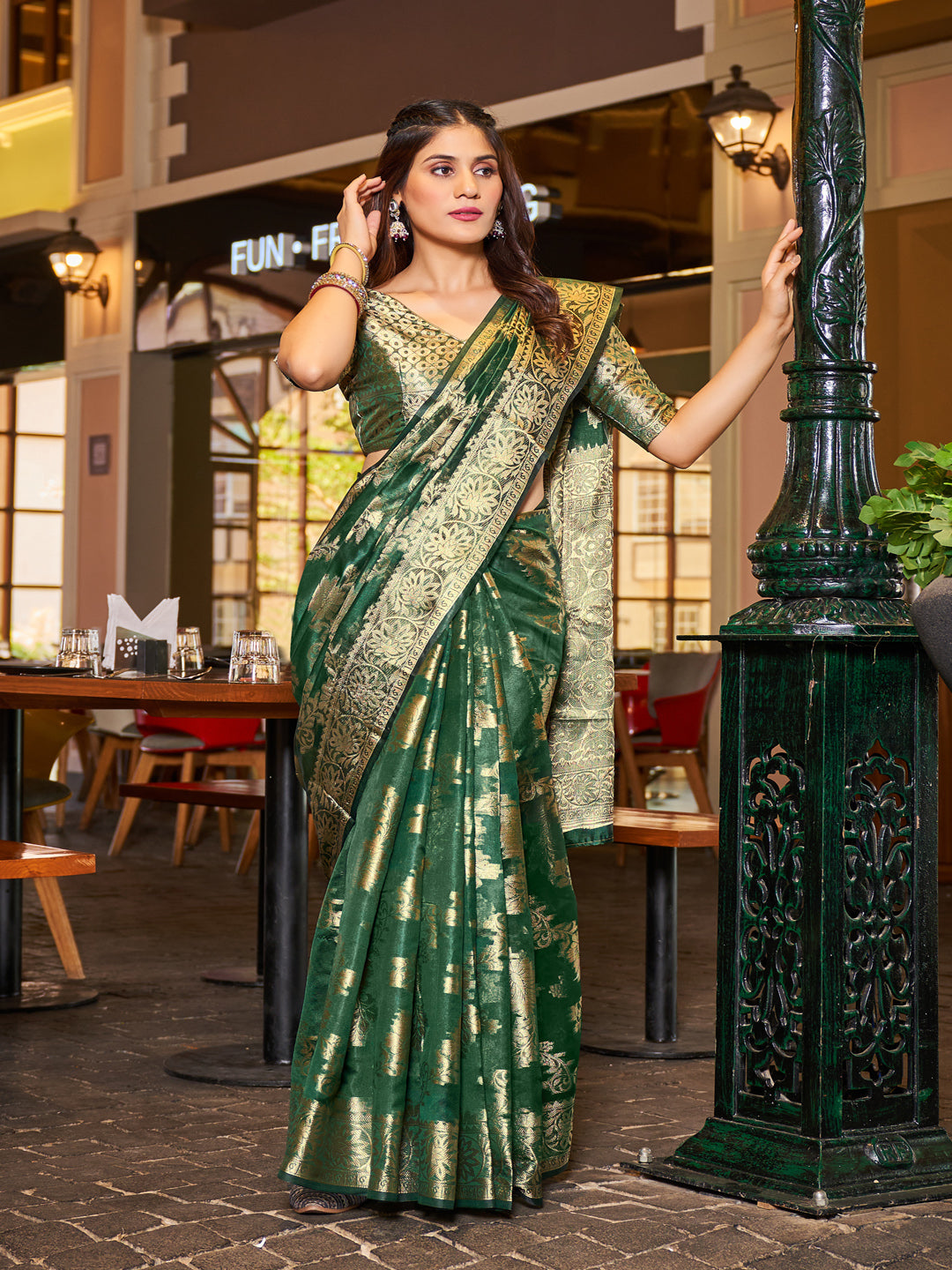 Swornof Womens Patola Organza Saree with blouse piece - Green