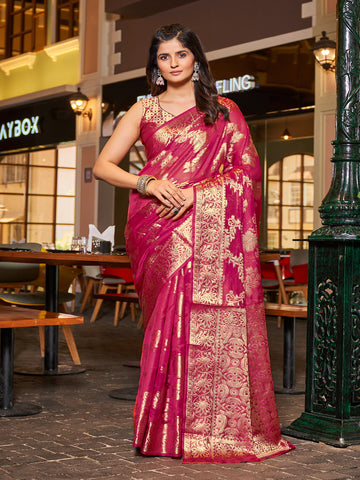 Swornof Womens Patola Organza Saree with blouse piece - Rani