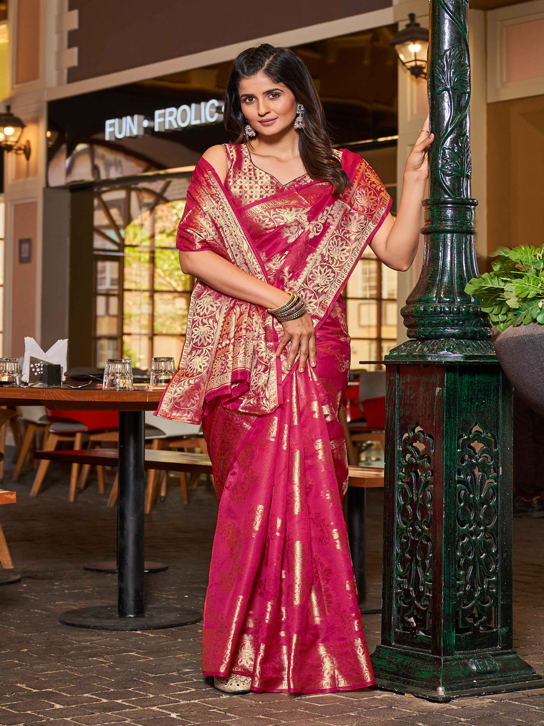 Swornof Womens Patola Organza Saree with blouse piece - Rani