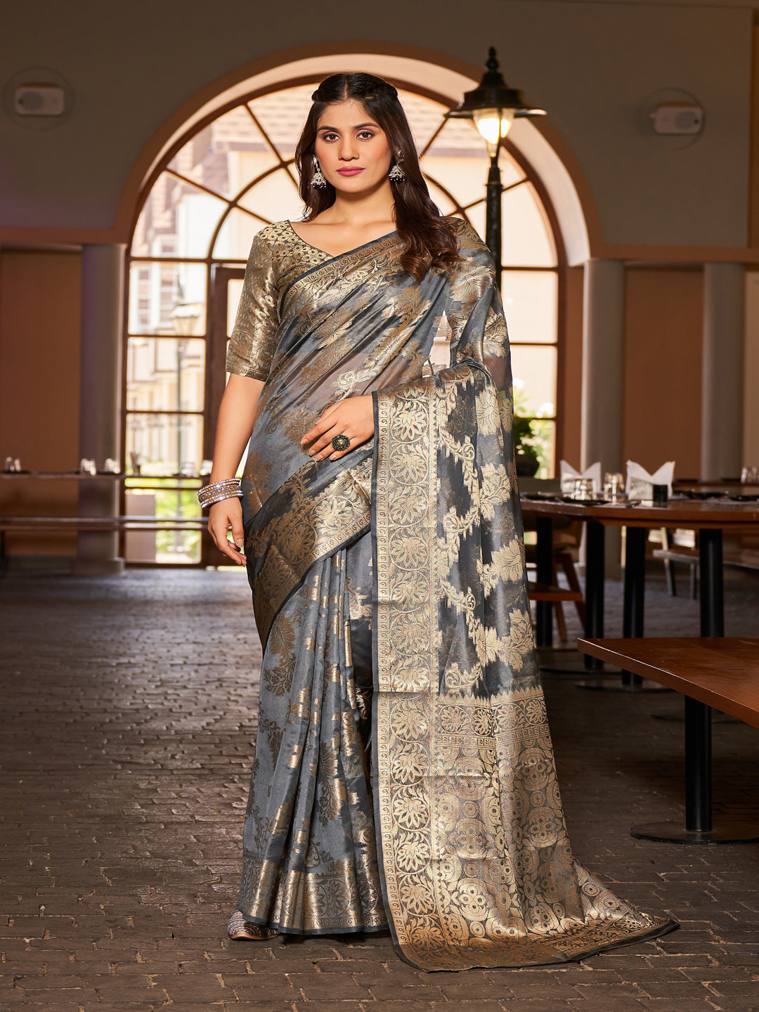 Swornof Womens Patola Organza Saree with blouse piece - Grey