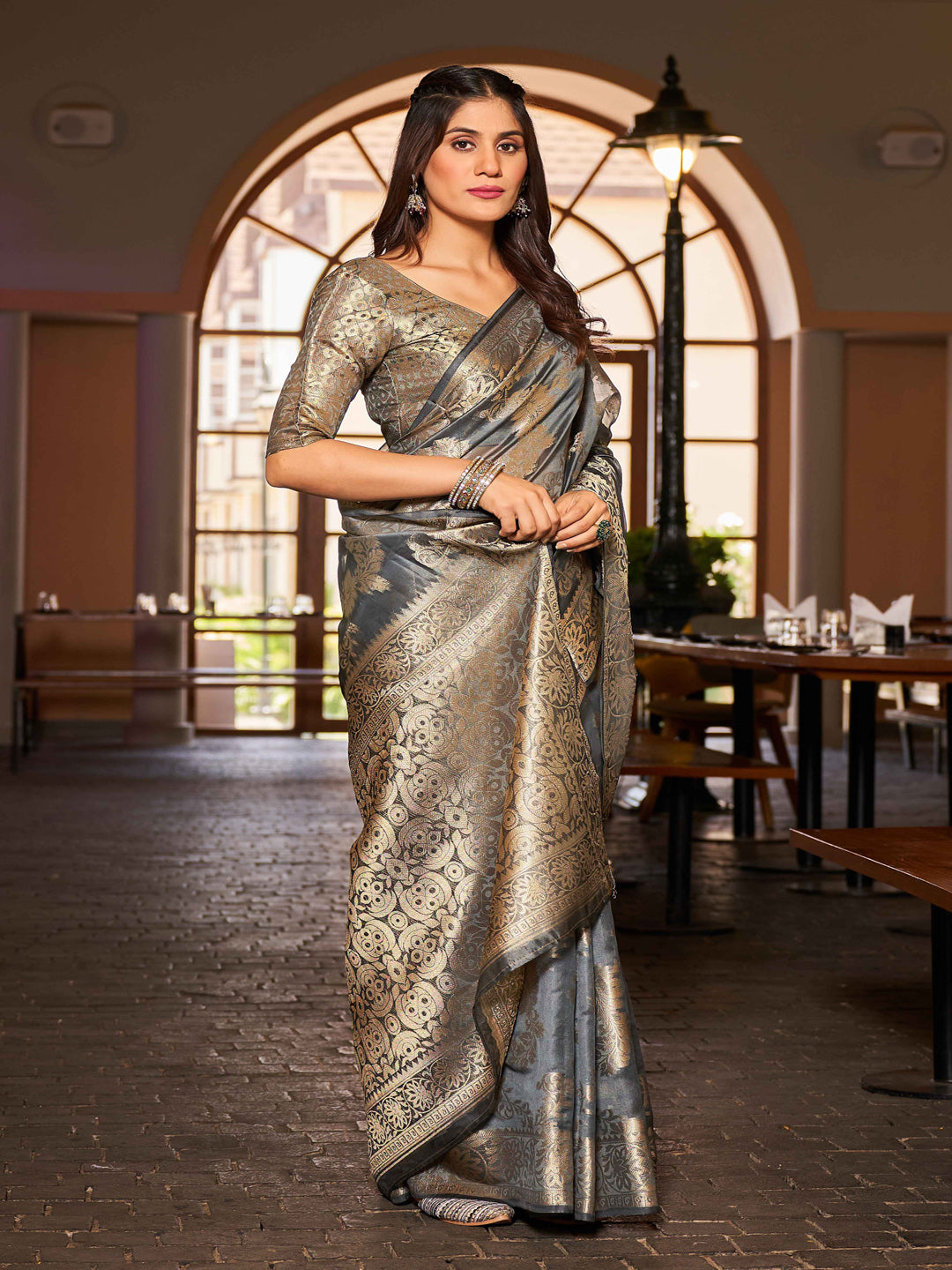 Swornof Womens Patola Organza Saree with blouse piece - Grey