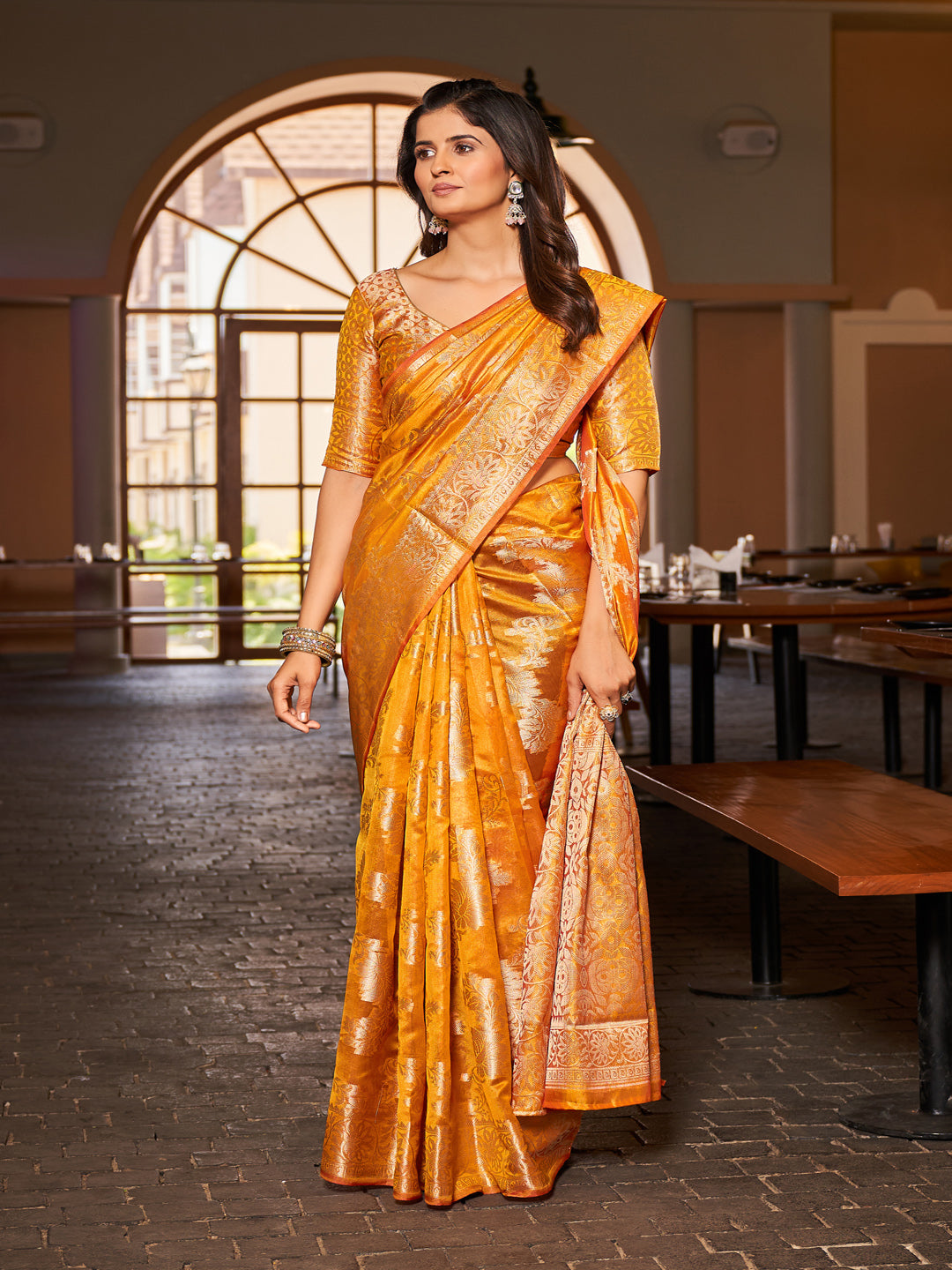 Swornof Womens Patola Organza Saree with blouse piece - Yellow