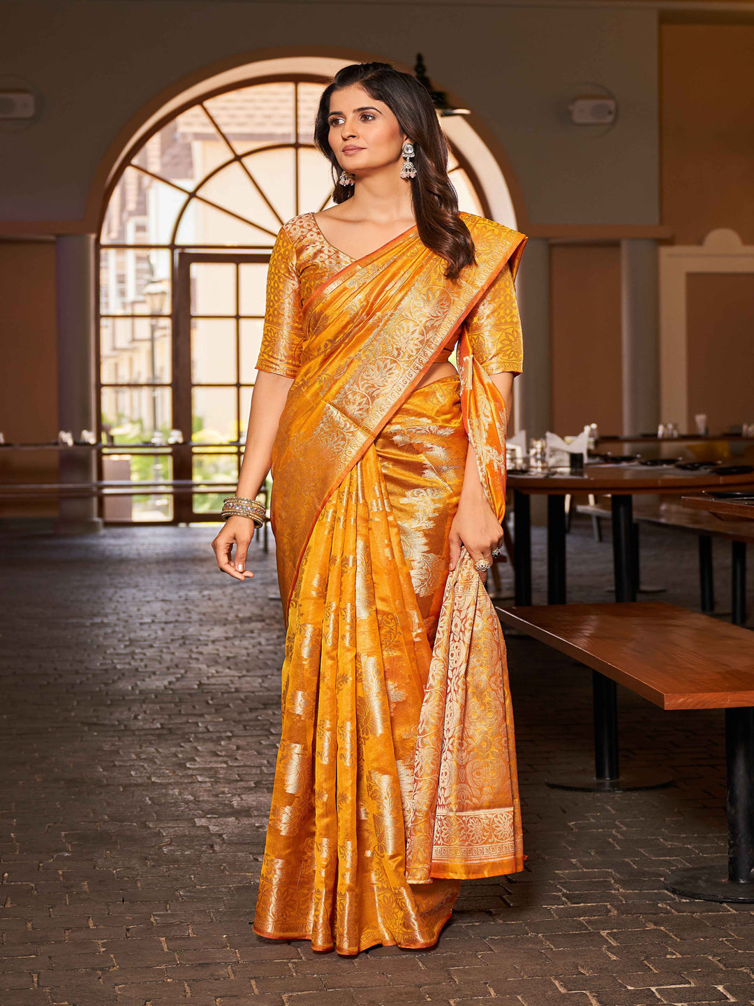 Swornof Womens Patola Organza Saree with blouse piece - Yellow