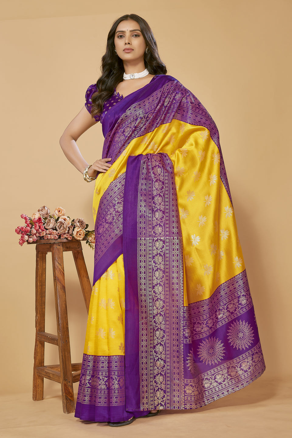 SUNDARNAARI Silk Blend Saree with Printed Kanjivaram Design – Festive Wedding Wear, Yellow Purple