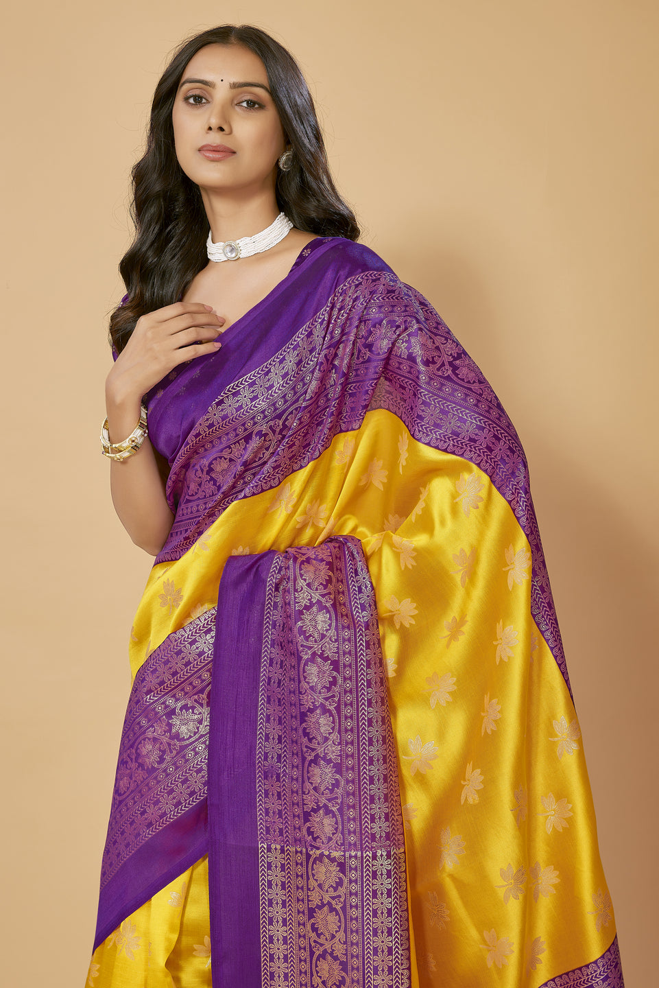 SUNDARNAARI Silk Blend Saree with Printed Kanjivaram Design – Festive Wedding Wear, Yellow Purple