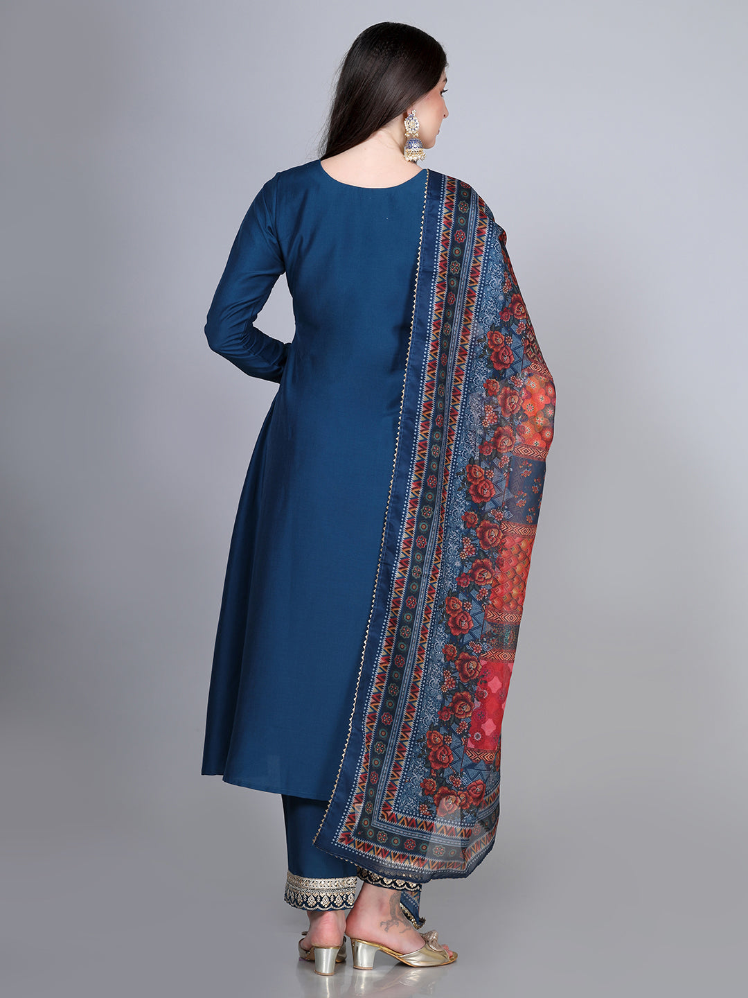 Blue Chinon Embroidered Kurta Set with Dupatta - Laxis