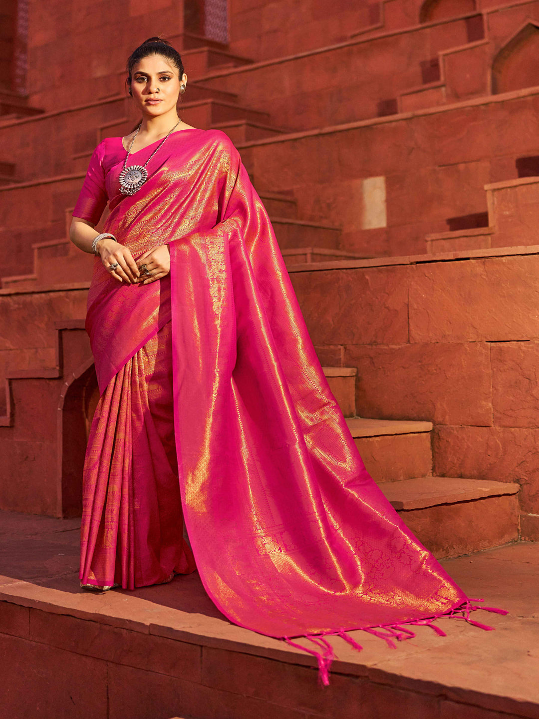 Swornof Womens Silk Saree With Blouse Piece - pink