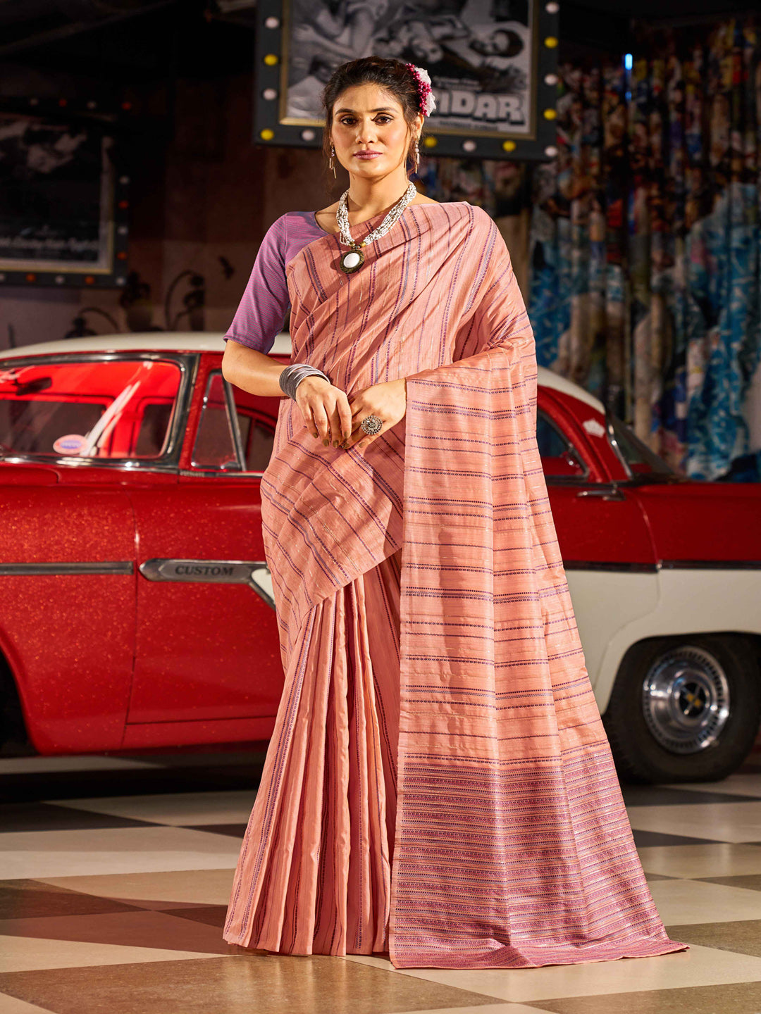 Swornof Cotton Silk Patola Saree with blouse piece - Pink