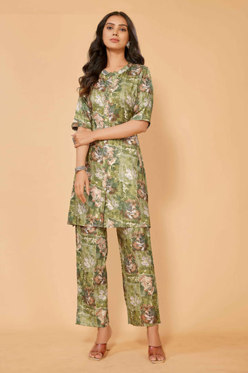 SUNDARNAARI Cotton Blend Printed Co-Ords – Comfortable & Trendy, Light Green