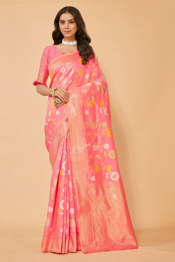 SUNDARNAARI Silk Blend Saree with Woven Kanjivaram Design – Elegant Wedding Wear, Peach