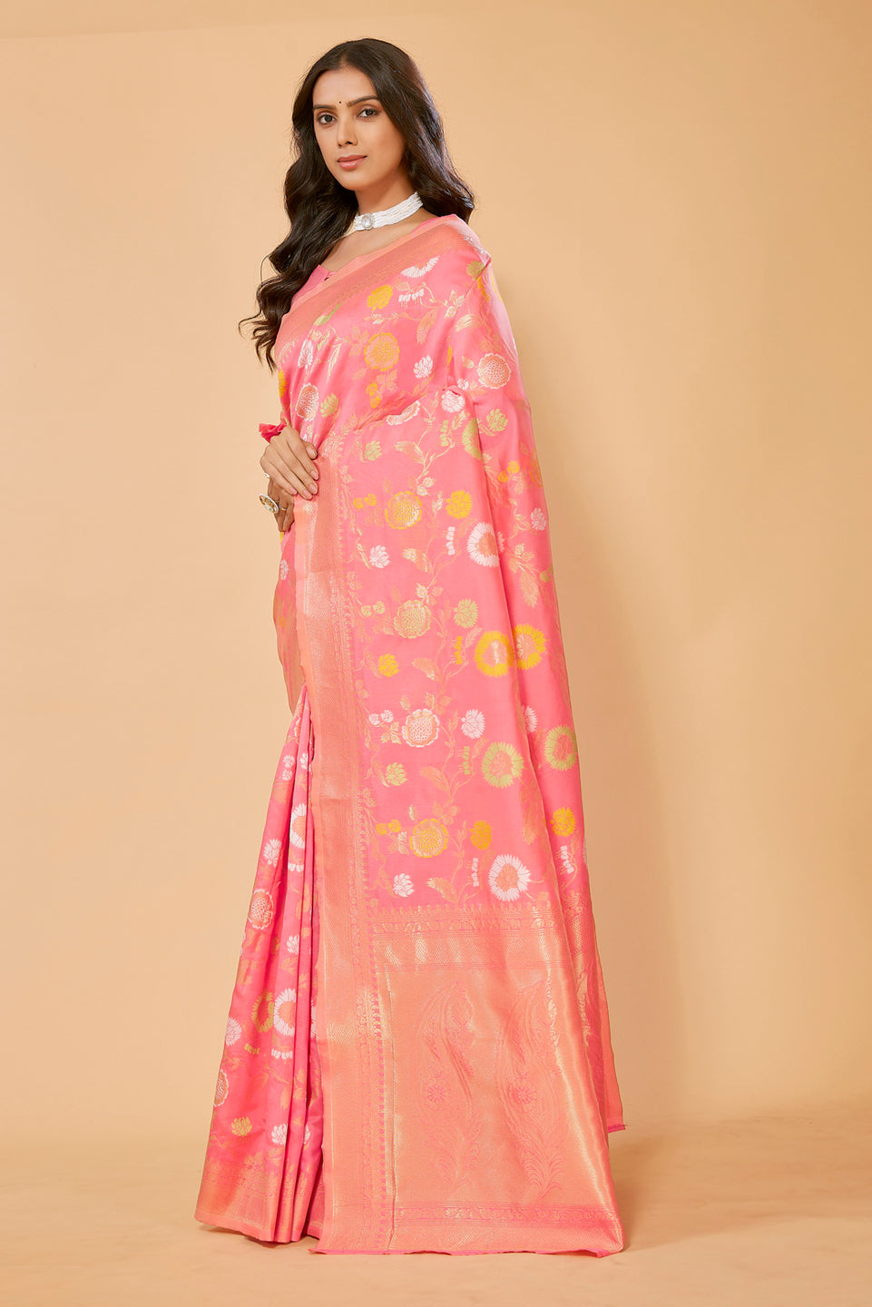 Peach Silk Blend Woven Design  Kanjeevaram -SUNDARNAARI