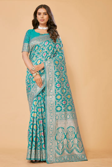 SUNDARNAARI Silk Blend Saree with Woven Kanjivaram Design – Graceful Wedding Wear, Teal Blue