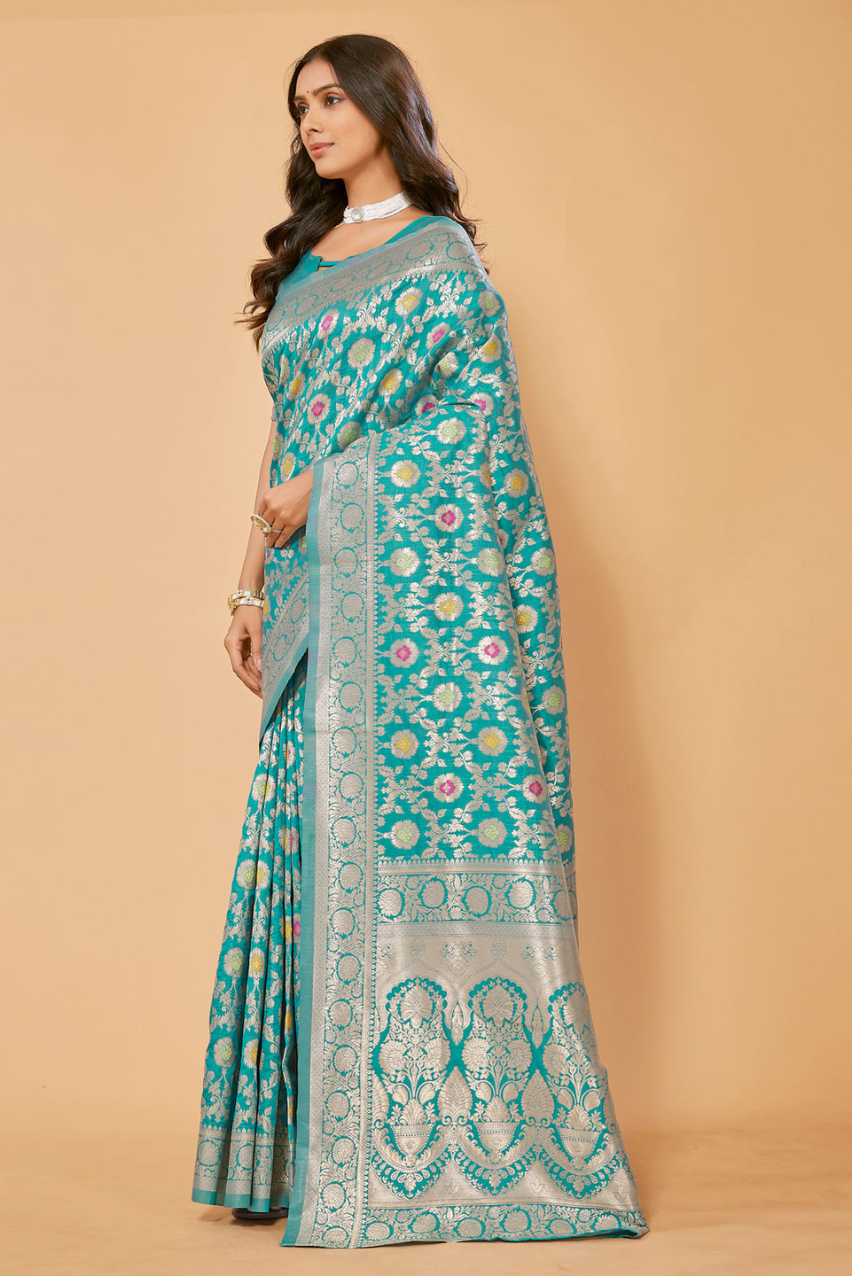 Teal Blue Silk Blend Kanjeevaram Woven Design - SUNDARNAARI