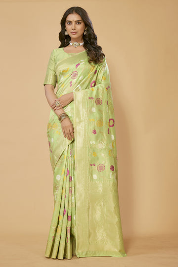 SUNDARNAARI Silk Blend Saree with Woven Kanjivaram Design – Elegant Wedding Wear, Light Green