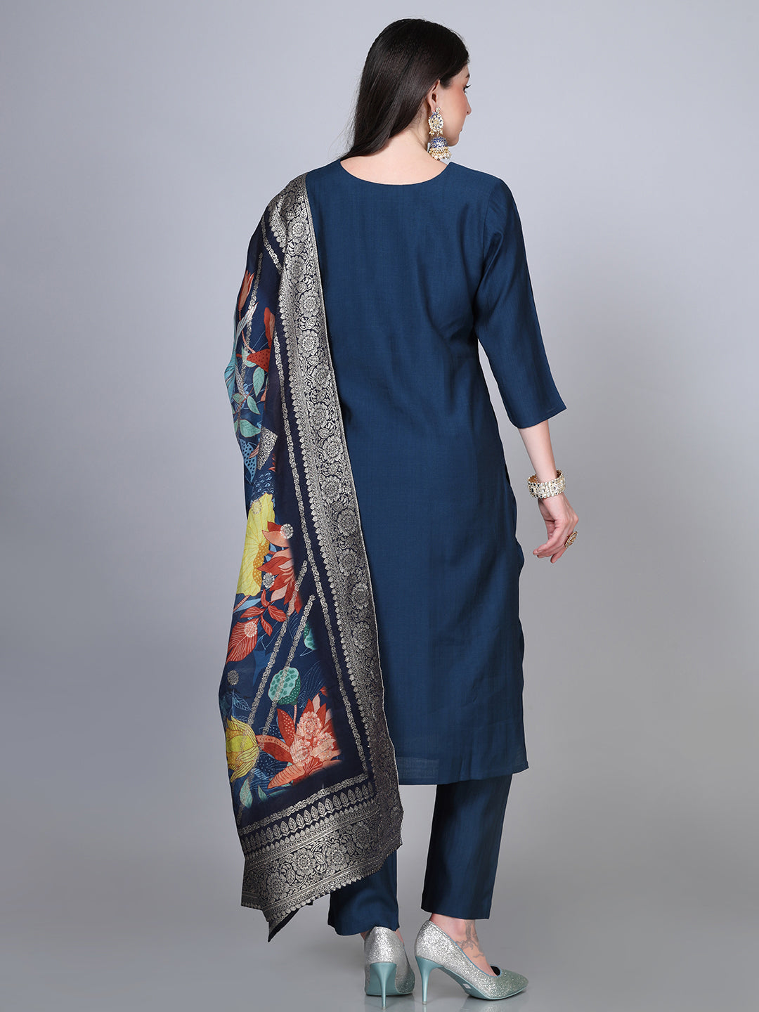 Navy Blue Rayon Embroidered Kurta Set With Dupatta - Laxis