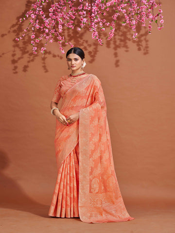 Swornof Women's Lucknowi Chikankari Linen cotton Woven Sarees - Peach