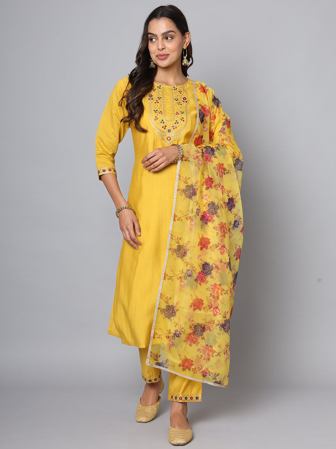 SUNDARNAARI Yellow Kurta Set for Women | Viscose Rayon Yoke Design | Comfortable & Elegant | Ideal for Casual & Festive Wear