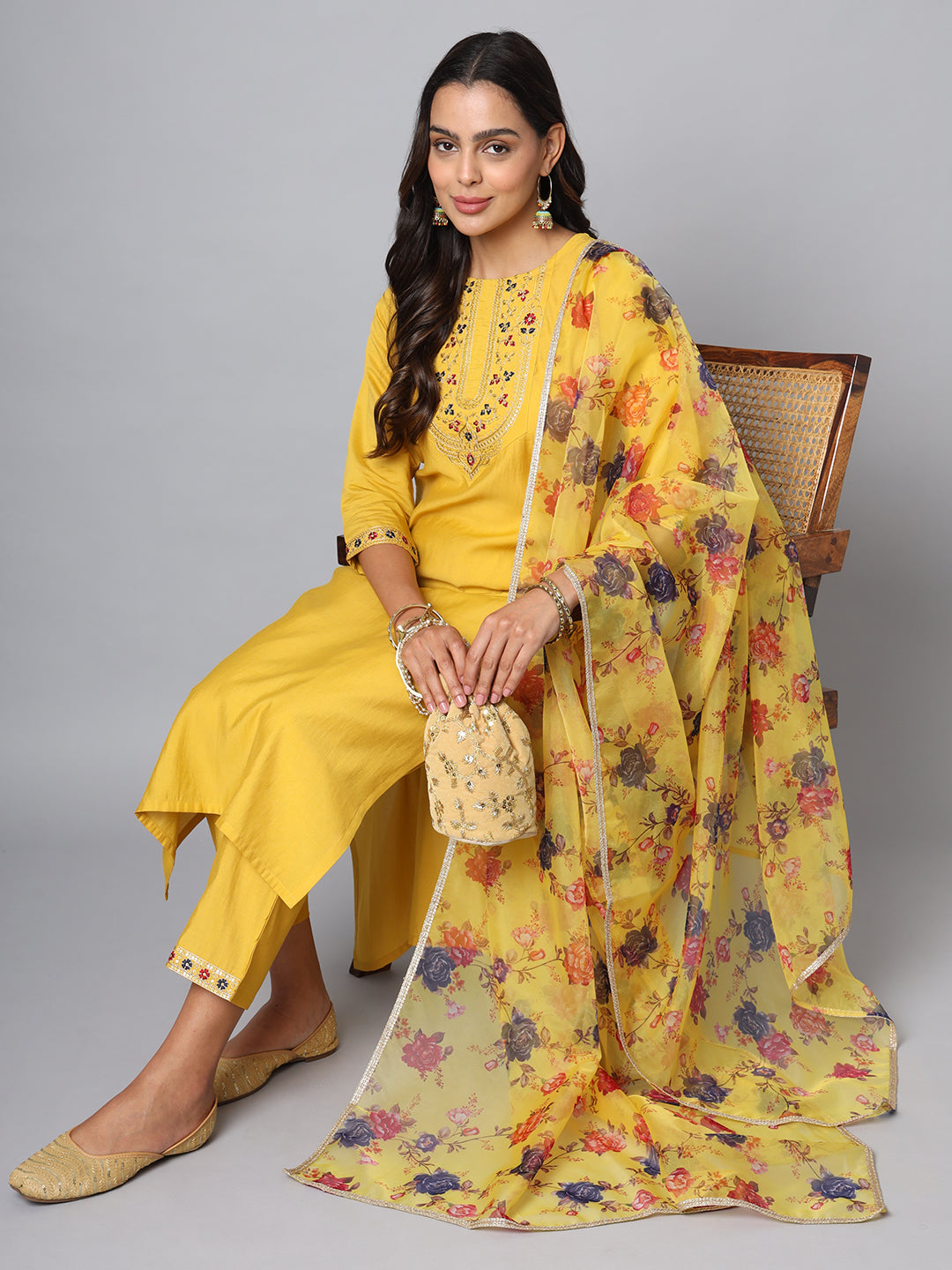 SUNDARNAARI Yellow Kurta Set for Women | Viscose Rayon Yoke Design | Comfortable & Elegant | Ideal for Casual & Festive Wear