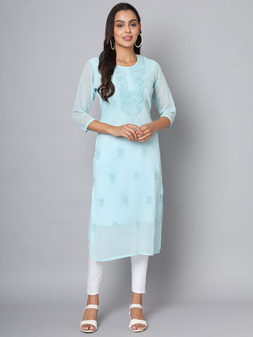 SUNDARNAARI Embroidered Poly Georgette Kurti – Stylish Everyday Wear, Sky Blue