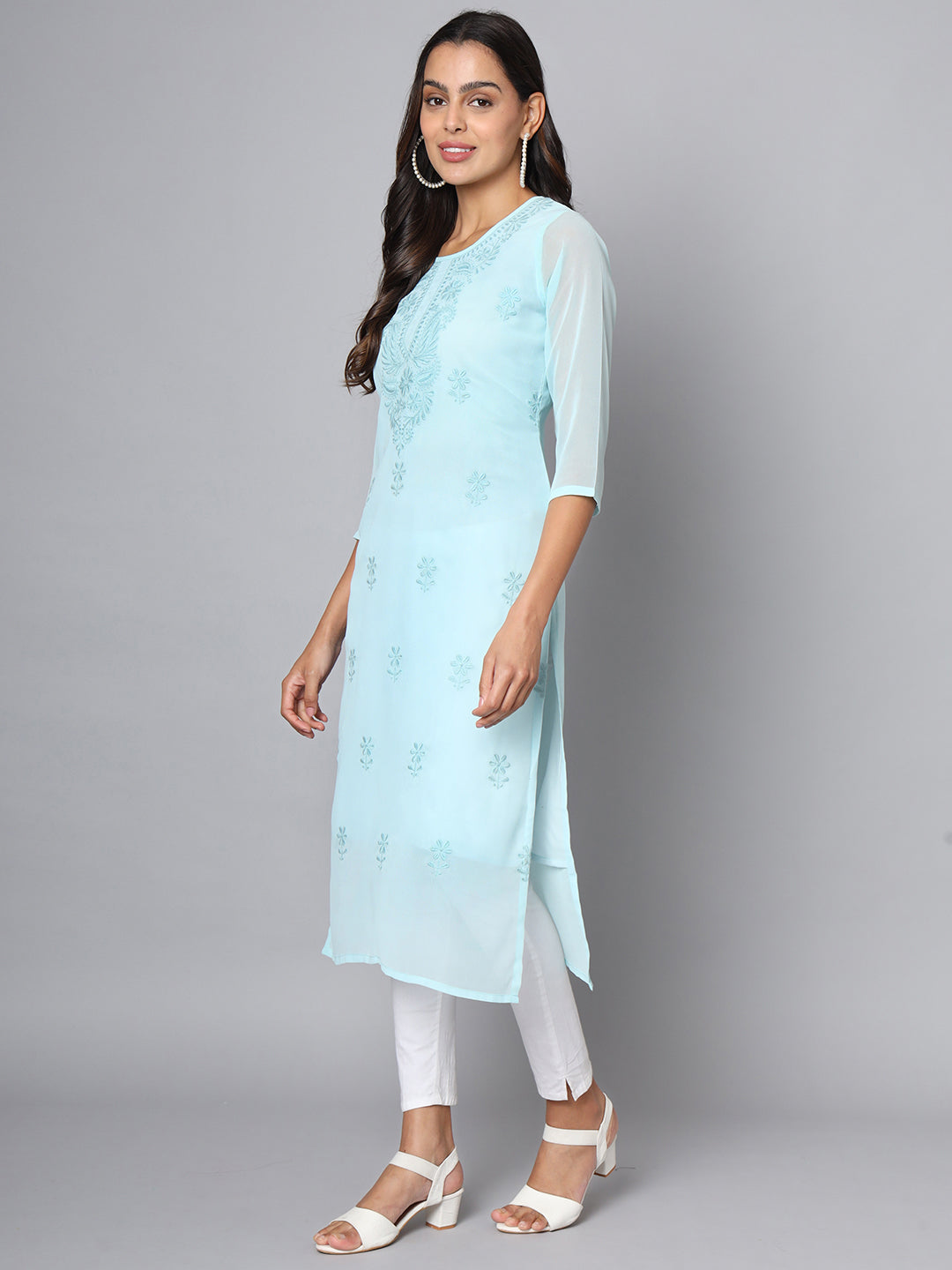 SUNDARNAARI Embroidered Poly Georgette Kurti – Stylish Everyday Wear, Sky Blue