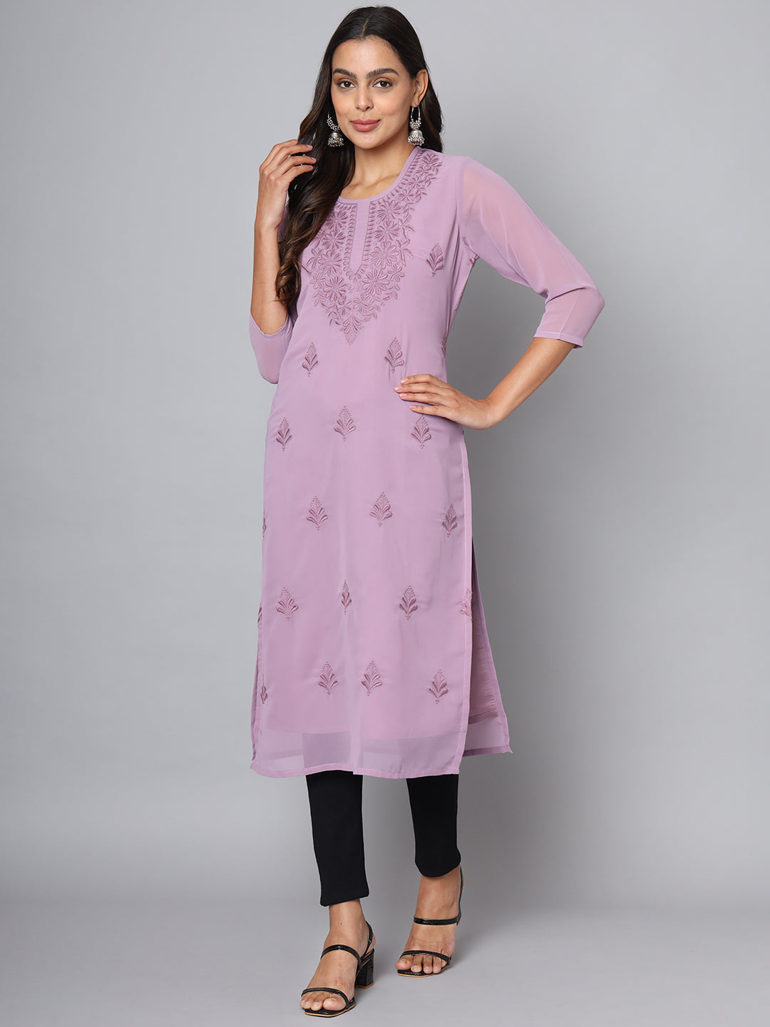 SUNDARNAARI Embroidered Poly Georgette Kurti – Elegant Everyday Wear, Lavender