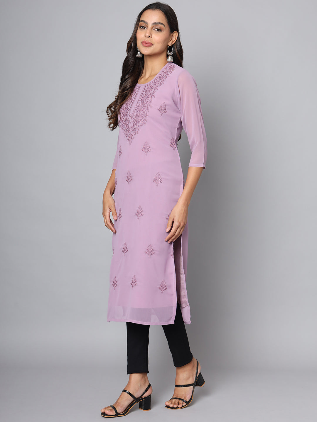 SUNDARNAARI Embroidered Poly Georgette Kurti – Elegant Everyday Wear, Lavender