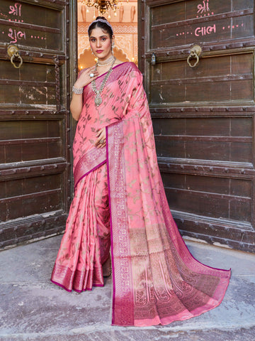 Swornof Women Cotton Saree With Blouse Piece - Pink