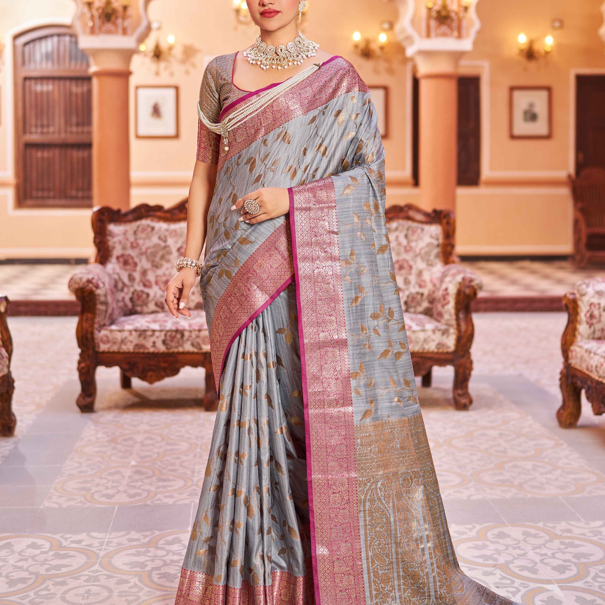 Swornof Women Cotton Saree With Blouse Piece - Grey