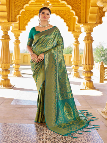 Swornof Womens Silk Saree With Blouse Piece - Green