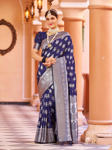 Swornof Polyester Woven Saree With Blouse Piece - Blue