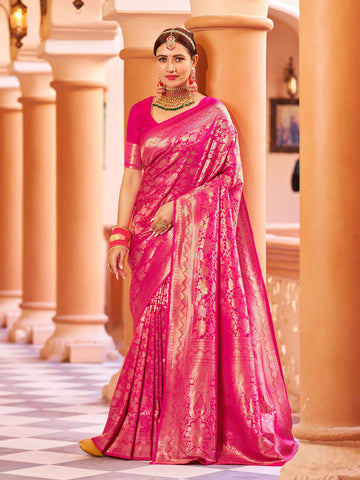 Swornof Womens Silk Saree With Blouse Piece - Pink