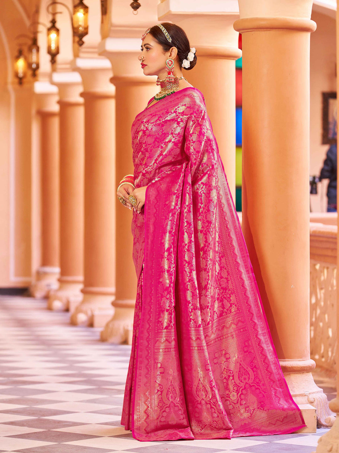 Swornof Womens Silk Saree With Blouse Piece - Pink