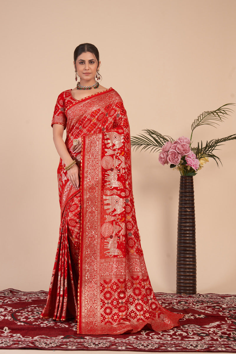 Red Gold  Silk Cotton Saree - Woven Design | SANGINI