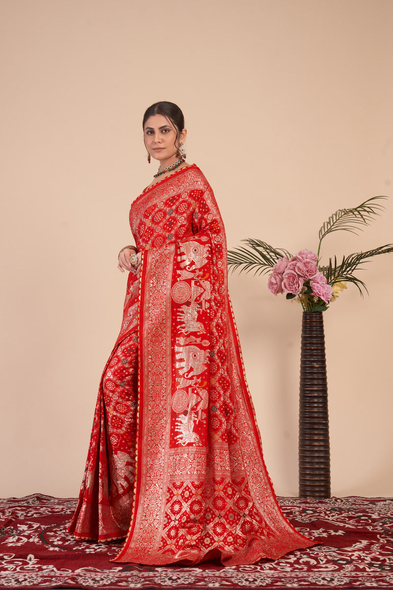 Red Gold  Silk Cotton Saree - Woven Design | SANGINI